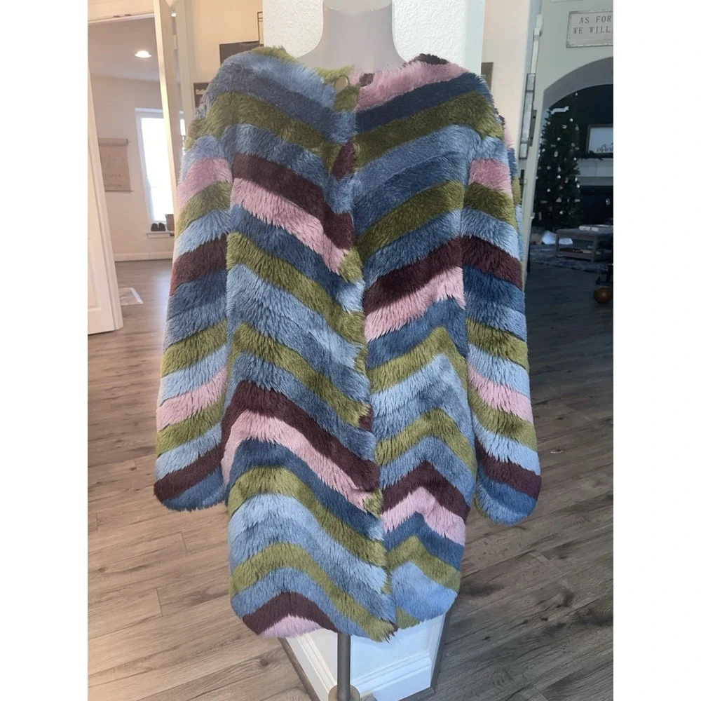 Anthropologie Hutch Chevron‎ Faux Fur Coat Size Small Rainbow Green Blue Pink